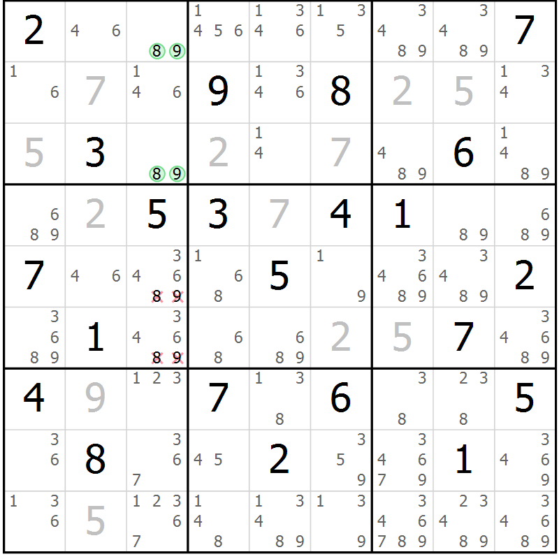 Position des candidats pour la solution de la Gr 21 page 24 du magazine de sudoku Platina n° 038