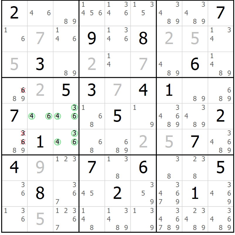Position des candidats pour la solution de la Gr 21 page 24 du magazine de sudoku Platina n° 038