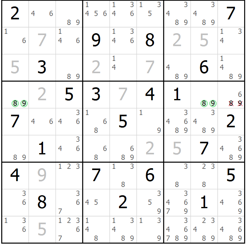 Position des candidats pour la solution de la Gr 21 page 24 du magazine de sudoku Platina n° 038