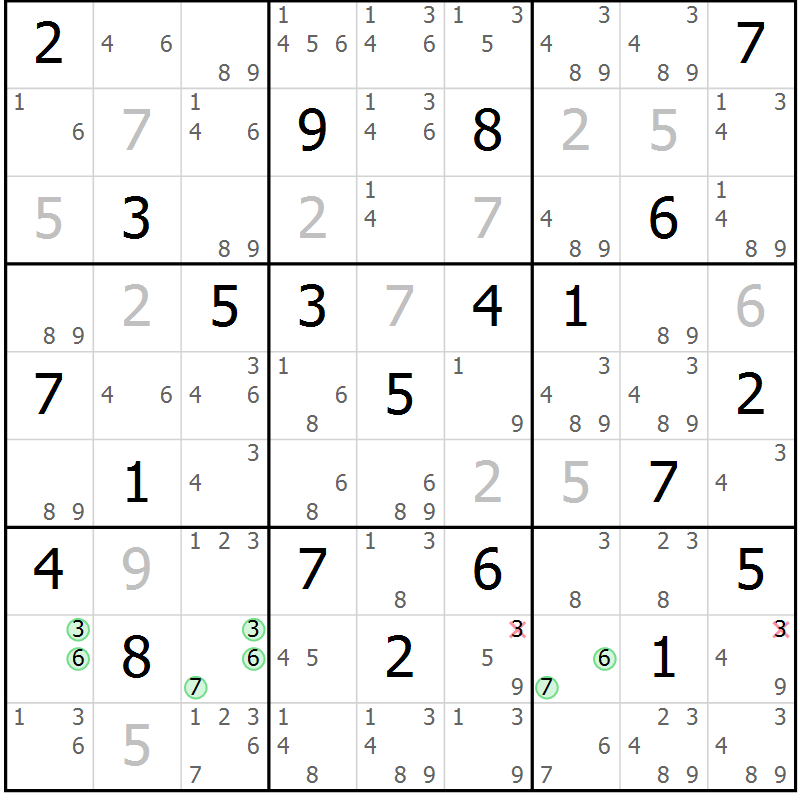 Position des candidats pour la solution de la Gr 21 page 24 du magazine de sudoku Platina n° 038