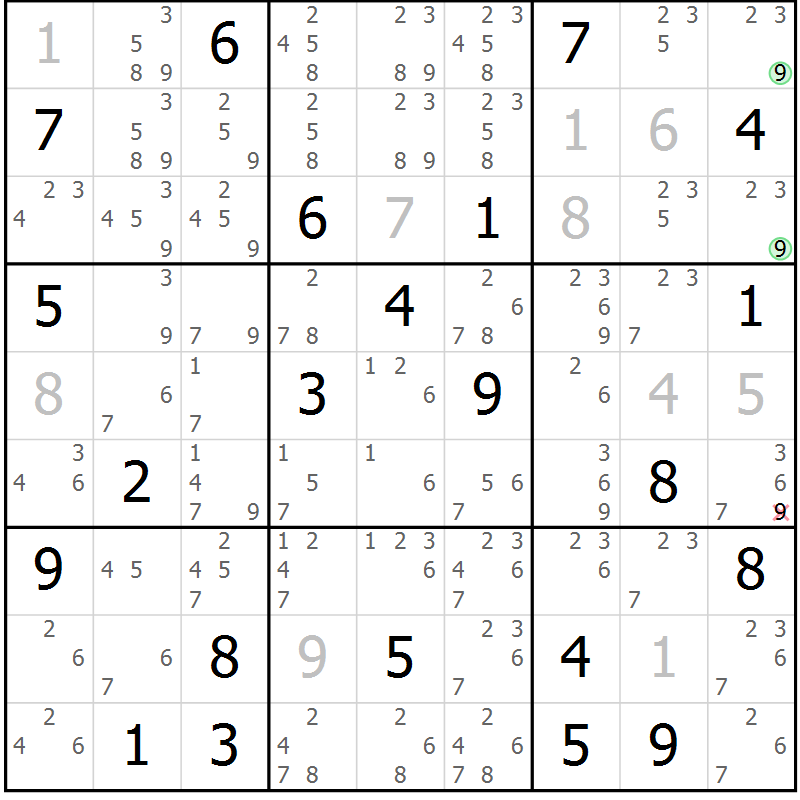 Position des candidats pour la solution de la Gr 22 page 25 du magazine de sudoku Platina n° 038