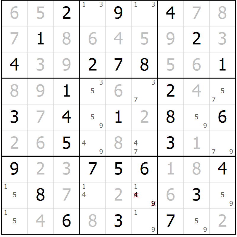 Position des candidats pour la solution de la Gr 23 page 26 du magazine de sudoku Platina n° 038