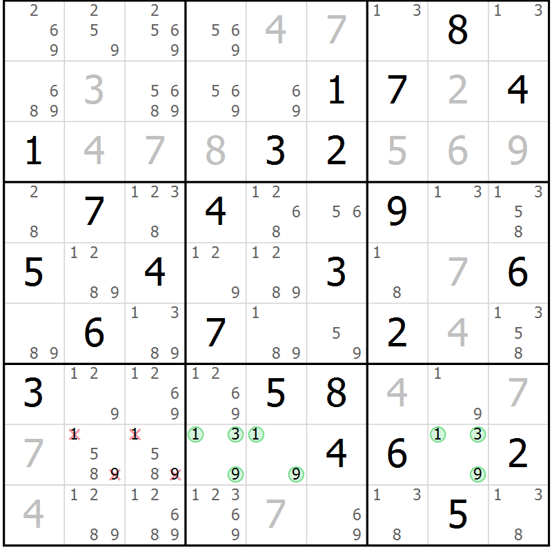 Position des candidats pour la solution de la Gr 24 page 27 du magazine de sudoku Platina n° 038