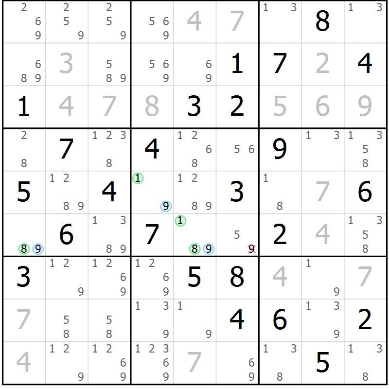 Position des candidats pour la solution de la Gr 24 page 27 du magazine de sudoku Platina n° 038
