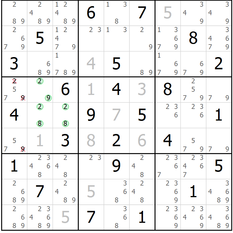 Position des candidats pour la solution de la Gr 25 page 28 du magazine de sudoku Platina n° 038