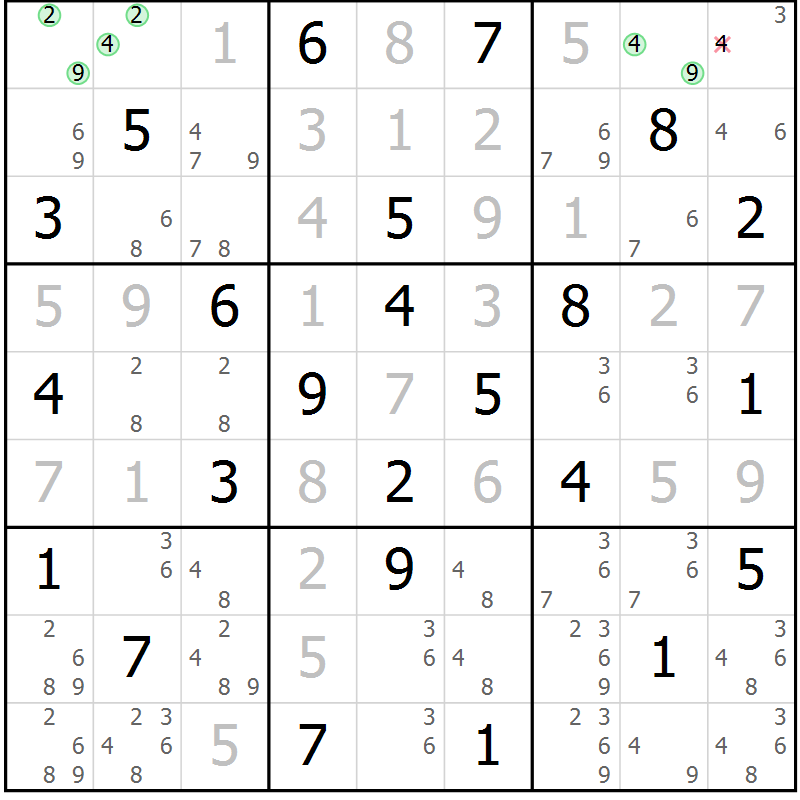 Position des candidats pour la solution de la Gr 25 page 28 du magazine de sudoku Platina n° 038
