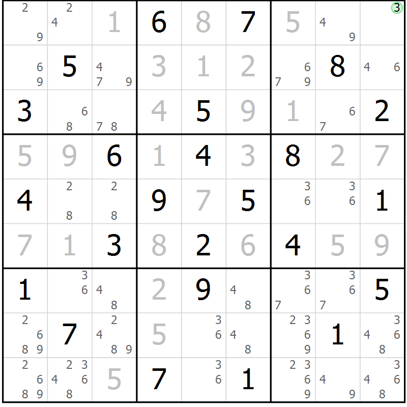 Position des candidats pour la solution de la Gr 25 page 28 du magazine de sudoku Platina n° 038