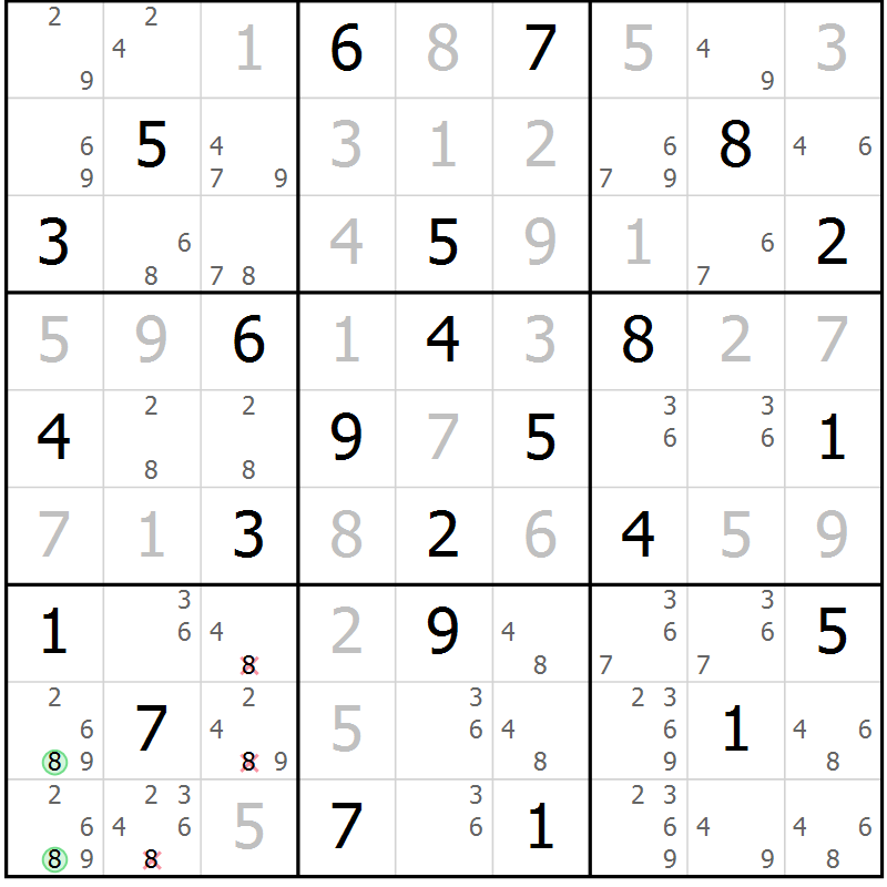 Position des candidats pour la solution de la Gr 25 page 28 du magazine de sudoku Platina n° 038