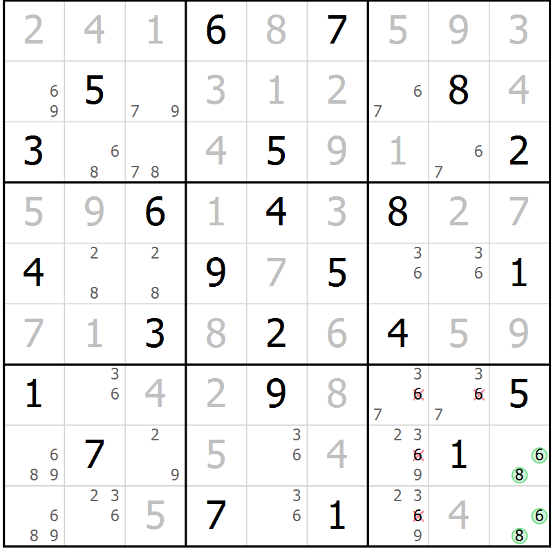 Position des candidats pour la solution de la Gr 25 page 28 du magazine de sudoku Platina n° 038
