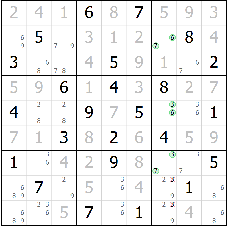 Position des candidats pour la solution de la Gr 25 page 28 du magazine de sudoku Platina n° 038