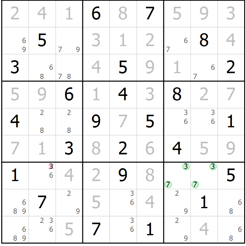 Position des candidats pour la solution de la Gr 25 page 28 du magazine de sudoku Platina n° 038