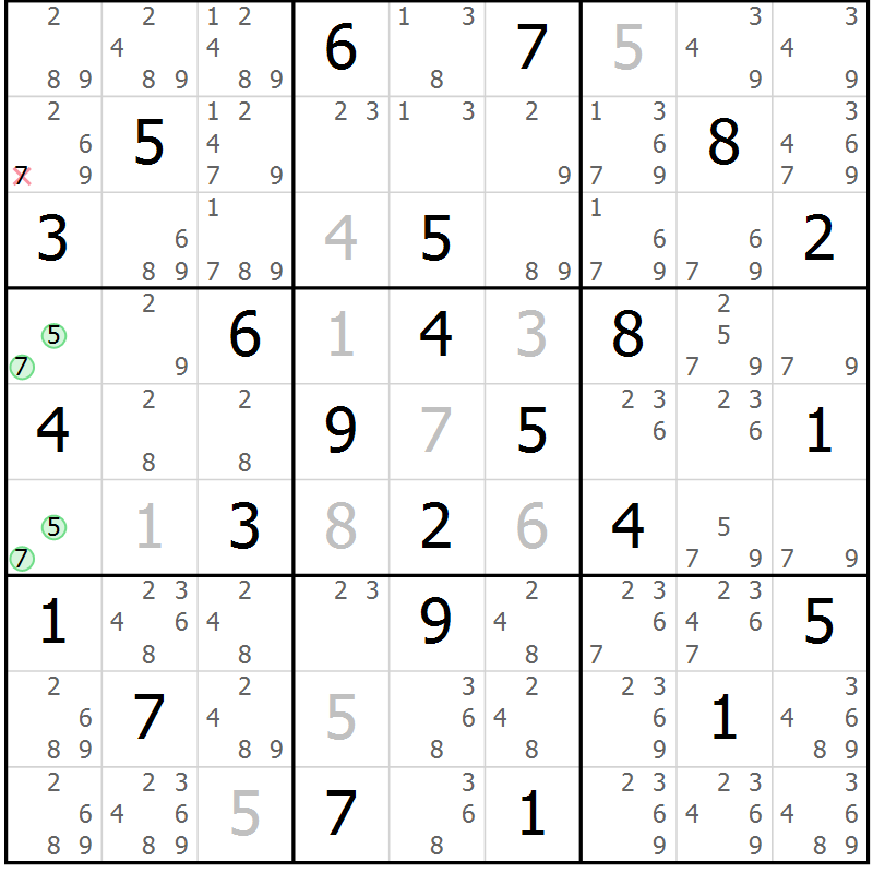 Position des candidats pour la solution de la Gr 25 page 28 du magazine de sudoku Platina n° 038