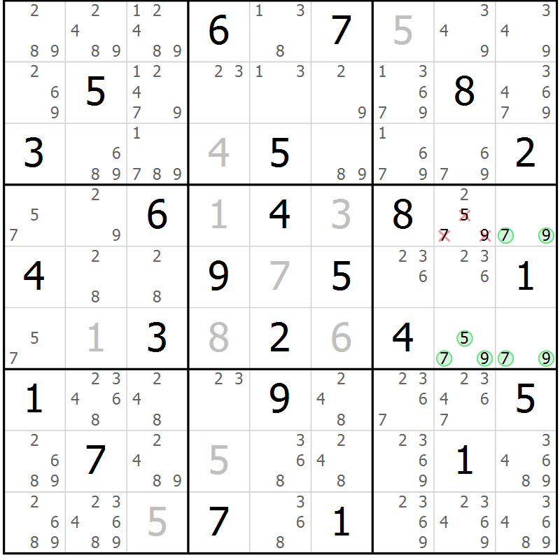 Position des candidats pour la solution de la Gr 25 page 28 du magazine de sudoku Platina n° 038