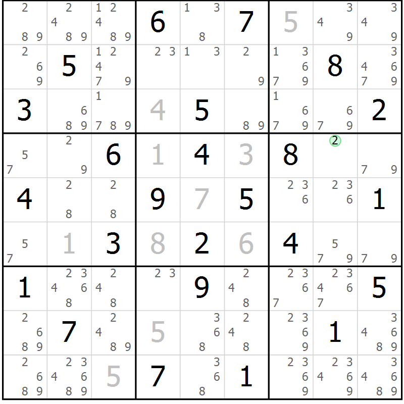 Position des candidats pour la solution de la Gr 25 page 28 du magazine de sudoku Platina n° 038