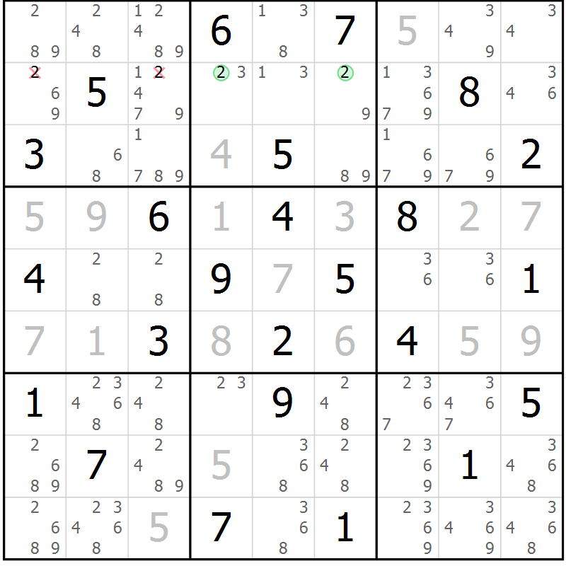 Position des candidats pour la solution de la Gr 25 page 28 du magazine de sudoku Platina n° 038
