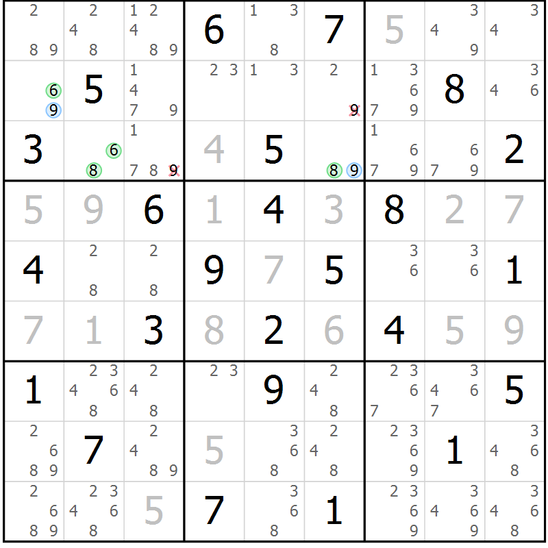 Position des candidats pour la solution de la Gr 25 page 28 du magazine de sudoku Platina n° 038