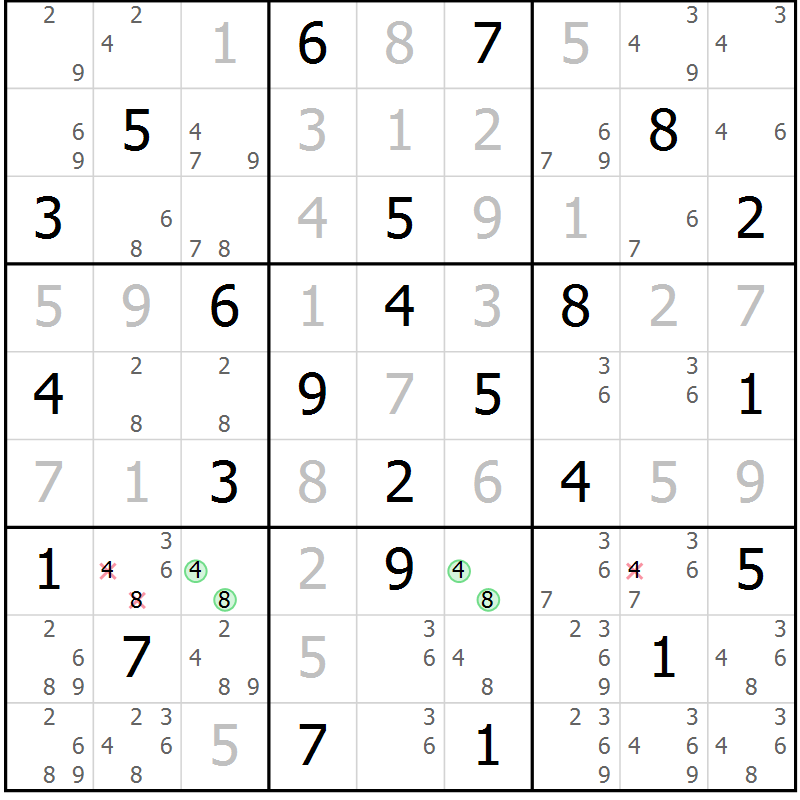 Position des candidats pour la solution de la Gr 25 page 28 du magazine de sudoku Platina n° 038