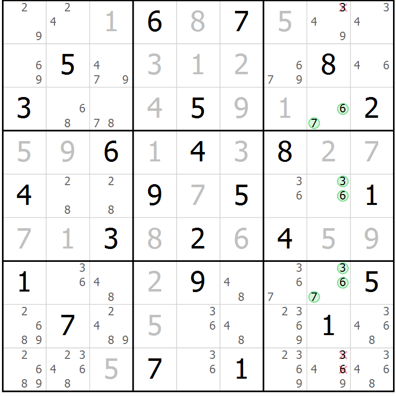 Position des candidats pour la solution de la Gr 25 page 28 du magazine de sudoku Platina n° 038