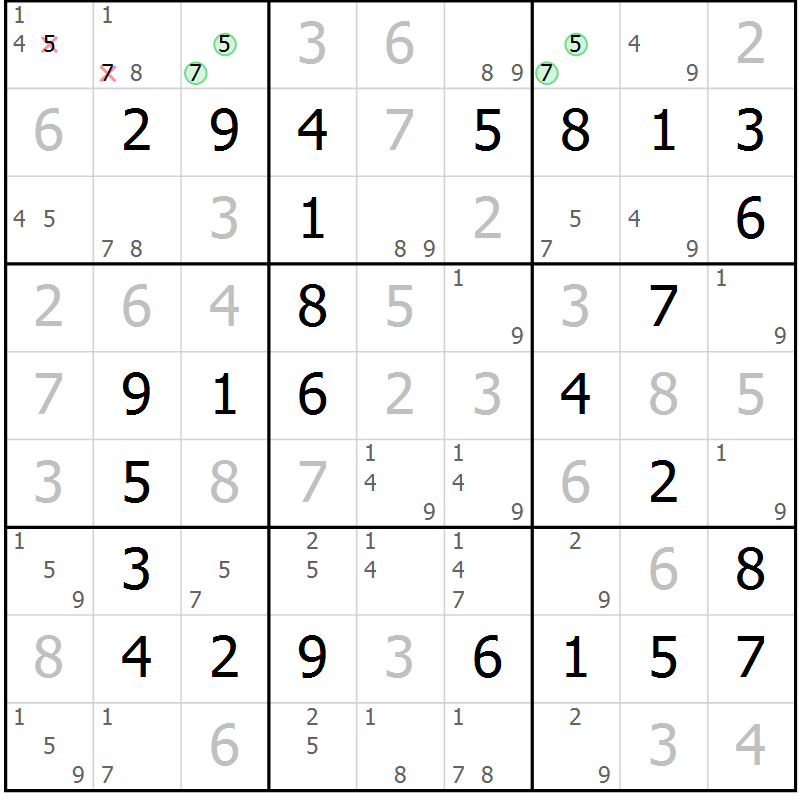 Position des candidats pour la solution de la Gr 27 page 30 du magazine de sudoku Platina n° 038