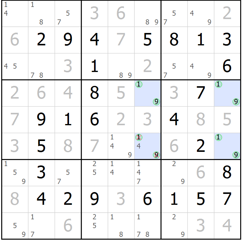 Position des candidats pour la solution de la Gr 27 page 30 du magazine de sudoku Platina n° 038