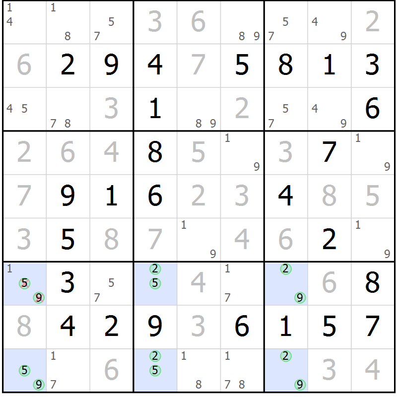 Position des candidats pour la solution de la Gr 27 page 30 du magazine de sudoku Platina n° 038