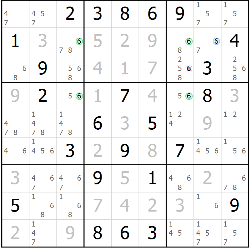 Position des candidats pour la solution de la Gr 28 page 31 du magazine de sudoku Platina n° 038