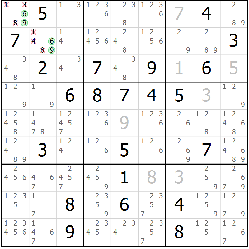 Position des candidats pour la solution de la Gr 3 page 6 du magazine de sudoku Platina n° 038