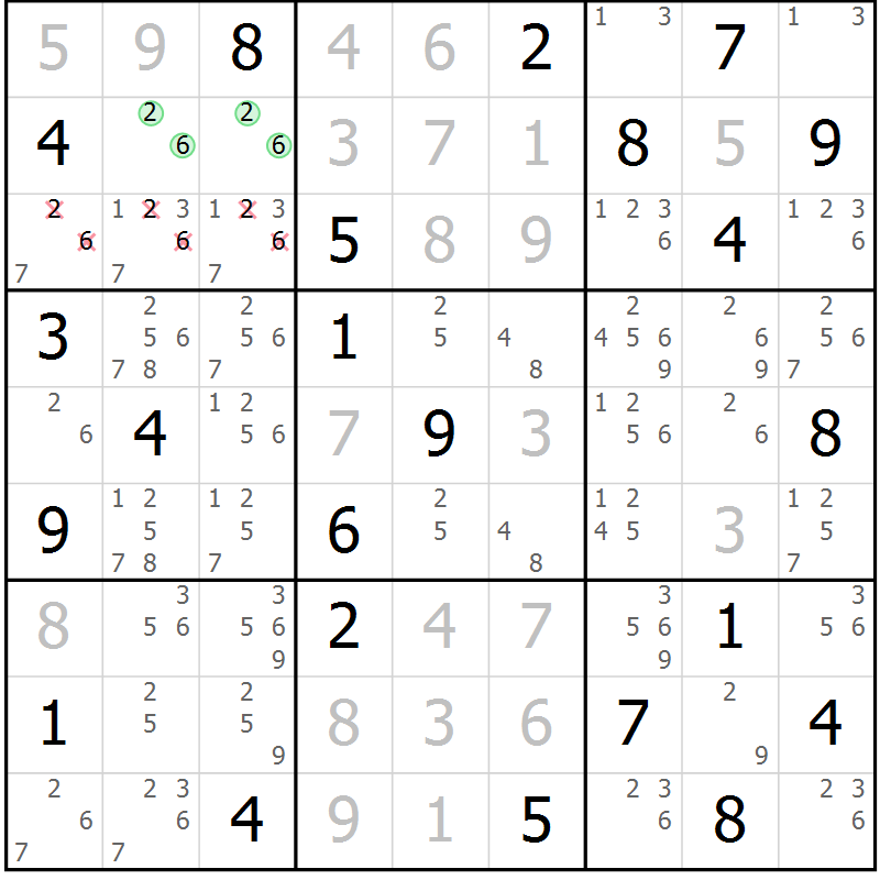 Position des candidats pour la solution de la Gr 31 page 34 du magazine de sudoku Platina n° 038