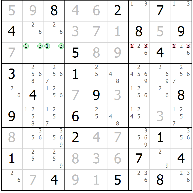 Position des candidats pour la solution de la Gr 31 page 34 du magazine de sudoku Platina n° 038
