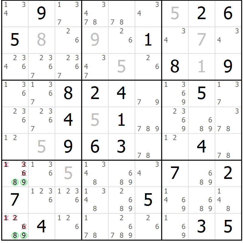 Position des candidats pour la solution de la Gr 32 page 35 du magazine de sudoku Platina n° 038