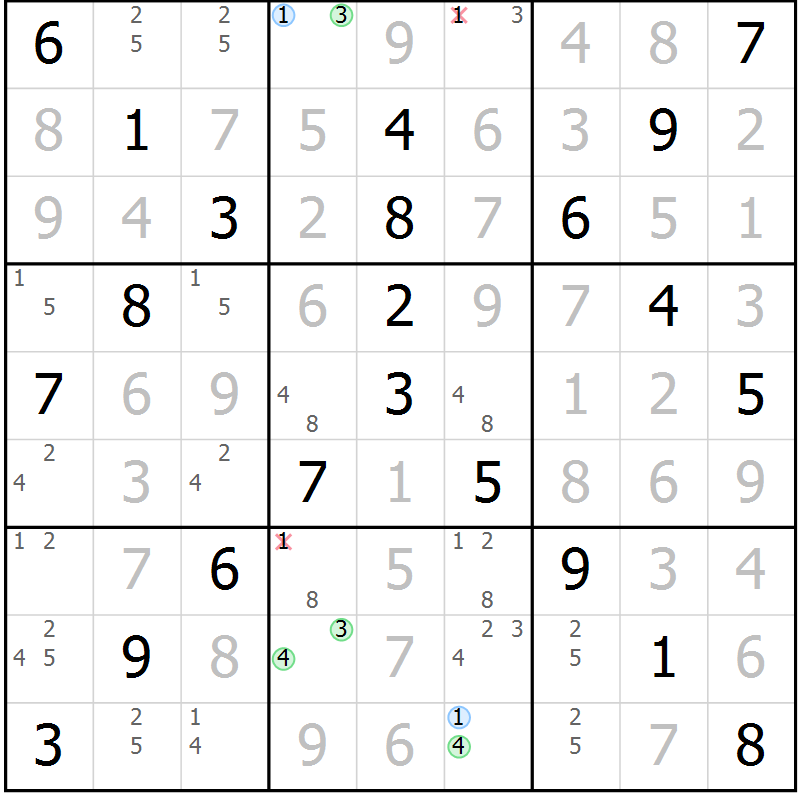 Position des candidats pour la solution de la Gr 33 page 36 du magazine de sudoku Platina n° 038