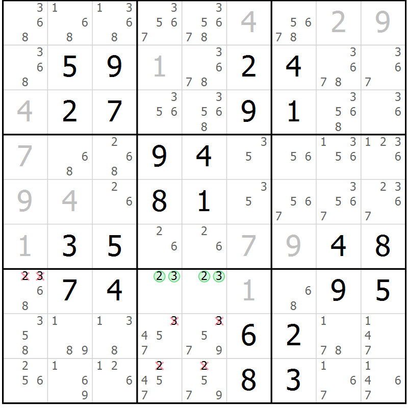 Position des candidats pour la solution de la Gr 36 page 39 du magazine de sudoku Platina n° 038