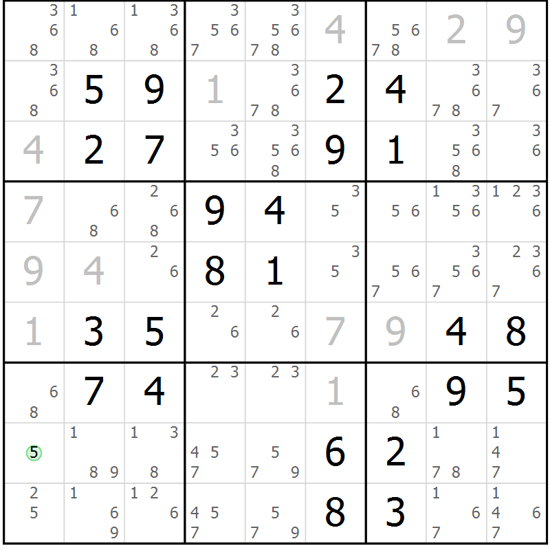 Position des candidats pour la solution de la Gr 36 page 39 du magazine de sudoku Platina n° 038