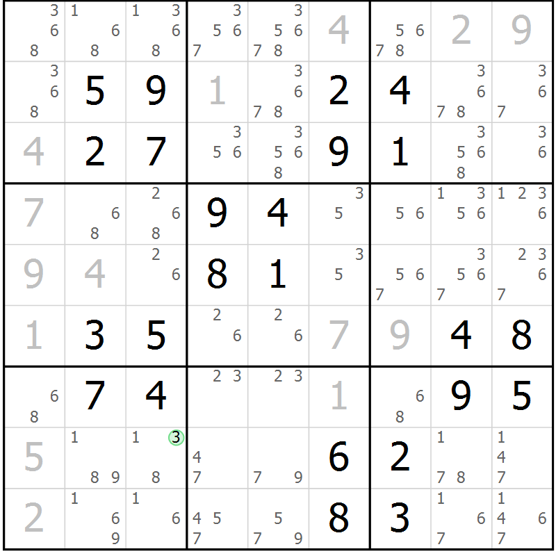 Position des candidats pour la solution de la Gr 36 page 39 du magazine de sudoku Platina n° 038