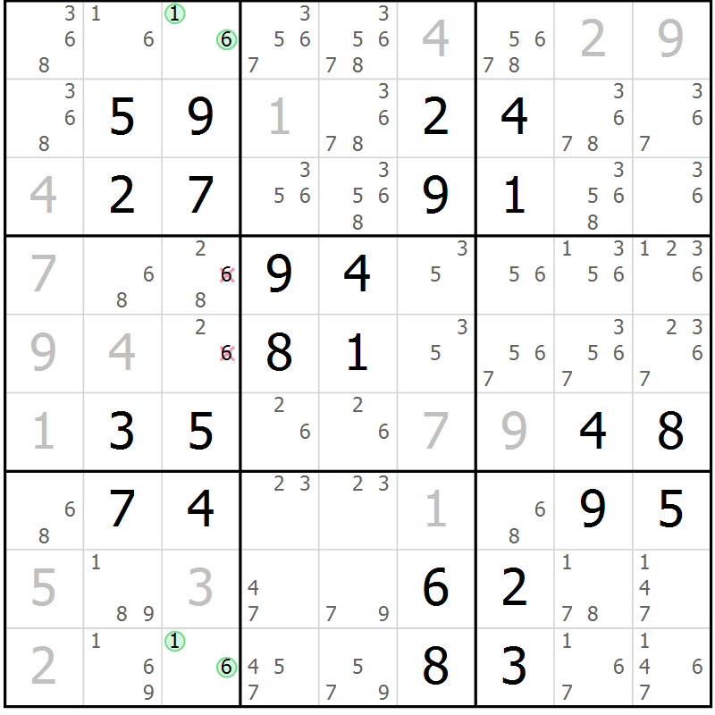 Position des candidats pour la solution de la Gr 36 page 39 du magazine de sudoku Platina n° 038