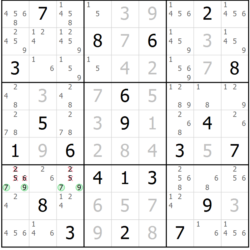 Position des candidats pour la solution de la Gr 4 page 7 du magazine de sudoku Platina n° 038