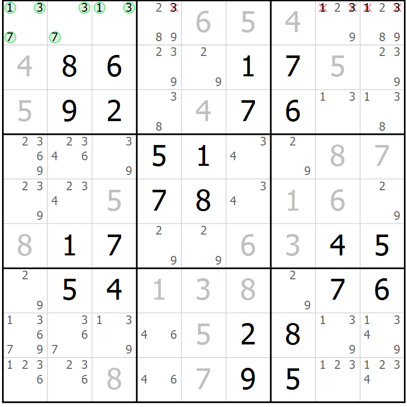 Position des candidats pour la solution de la Gr 42 page 45 du magazine de sudoku Platina n° 038