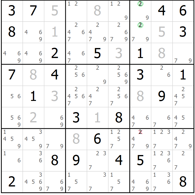 Position des candidats pour la solution de la Gr 43 page 46 du magazine de sudoku Platina n° 038