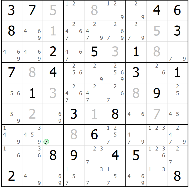 Position des candidats pour la solution de la Gr 43 page 46 du magazine de sudoku Platina n° 038