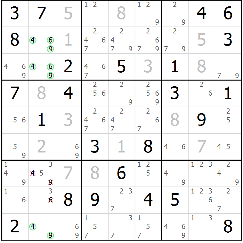 Position des candidats pour la solution de la Gr 43 page 46 du magazine de sudoku Platina n° 038