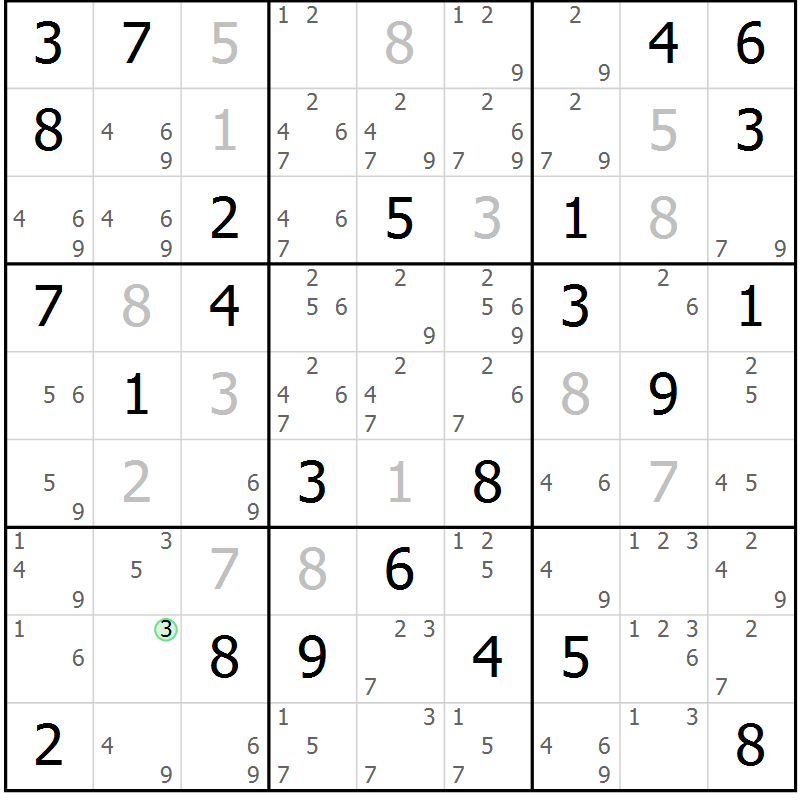 Position des candidats pour la solution de la Gr 43 page 46 du magazine de sudoku Platina n° 038