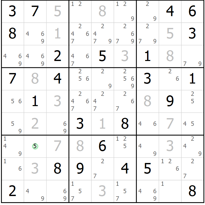 Position des candidats pour la solution de la Gr 43 page 46 du magazine de sudoku Platina n° 038