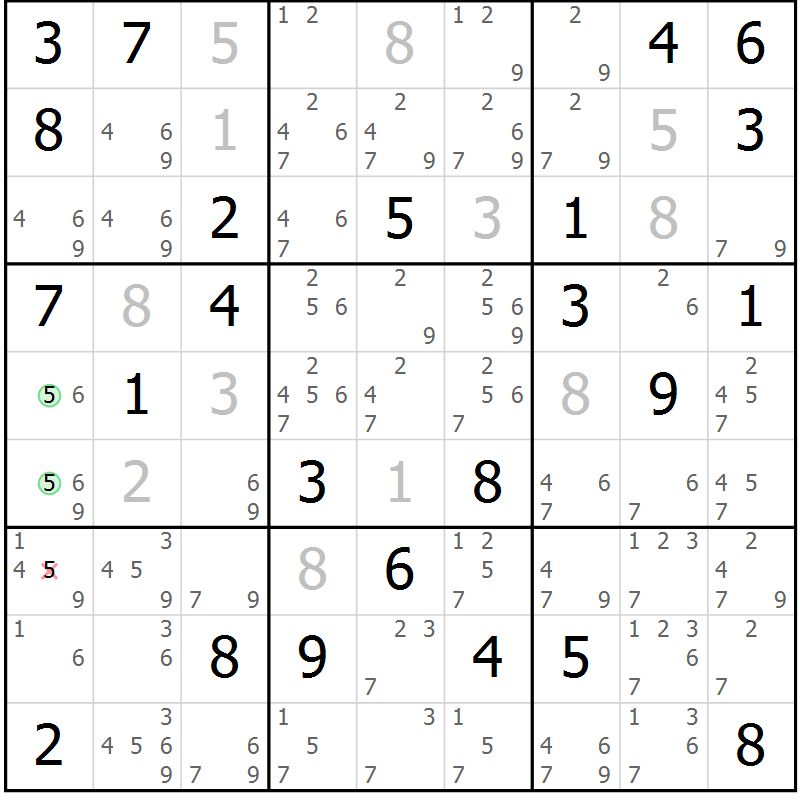 Position des candidats pour la solution de la Gr 43 page 46 du magazine de sudoku Platina n° 038