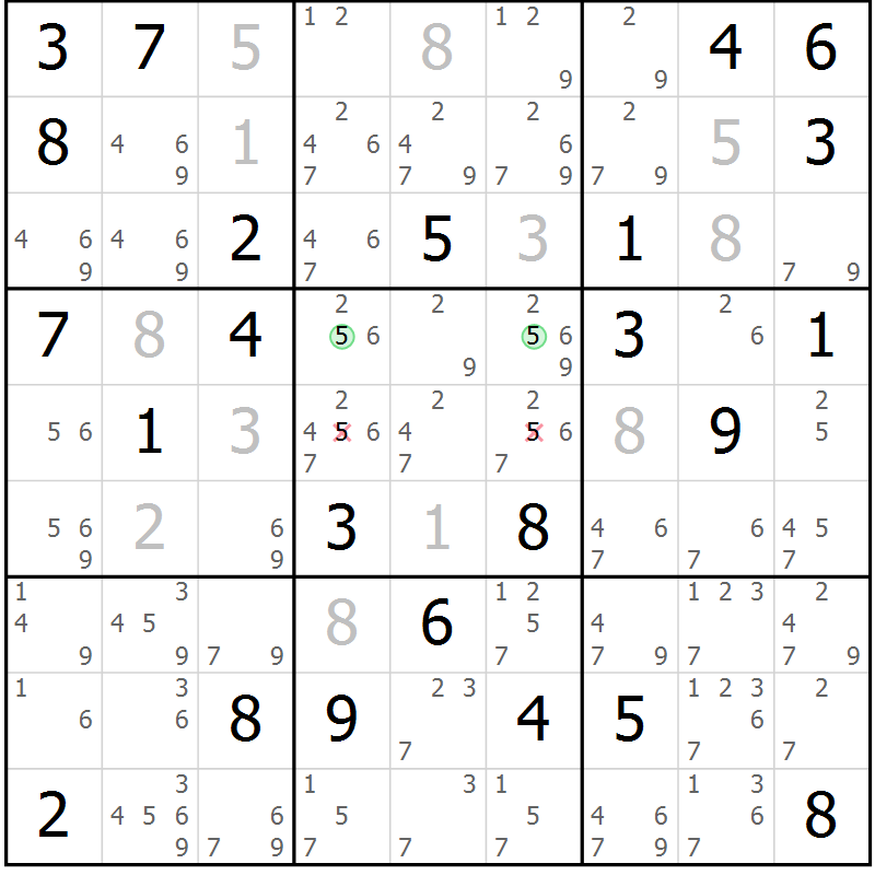 Position des candidats pour la solution de la Gr 43 page 46 du magazine de sudoku Platina n° 038