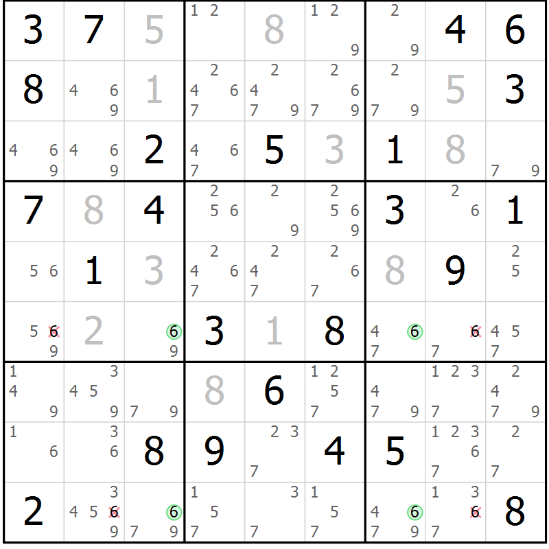 Position des candidats pour la solution de la Gr 43 page 46 du magazine de sudoku Platina n° 038