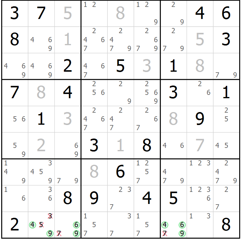 Position des candidats pour la solution de la Gr 43 page 46 du magazine de sudoku Platina n° 038