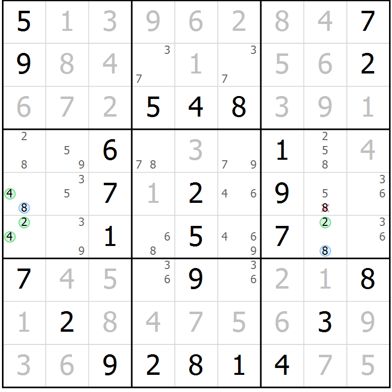 Position des candidats pour la solution de la Gr 46 page 49 du magazine de sudoku Platina n° 038