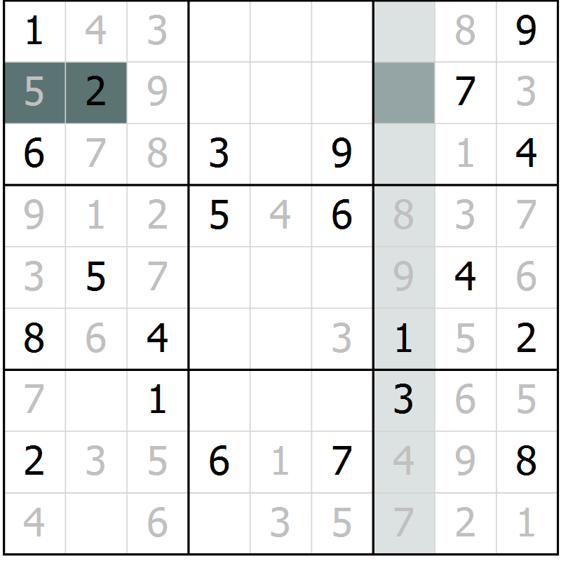 Position des candidats pour la solution de la Gr 5 page 8 du magazine de sudoku Platina n° 038