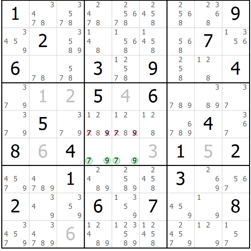 Position des candidats pour la solution de la Gr 5 page 8 du magazine de sudoku Platina n° 038