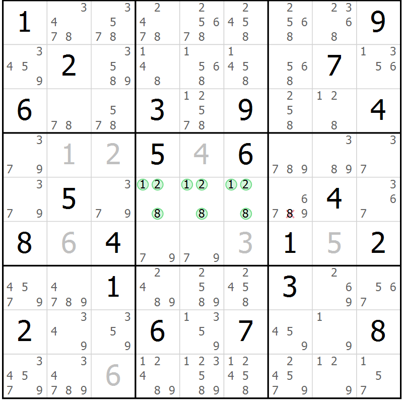 Position des candidats pour la solution de la Gr 5 page 8 du magazine de sudoku Platina n° 038